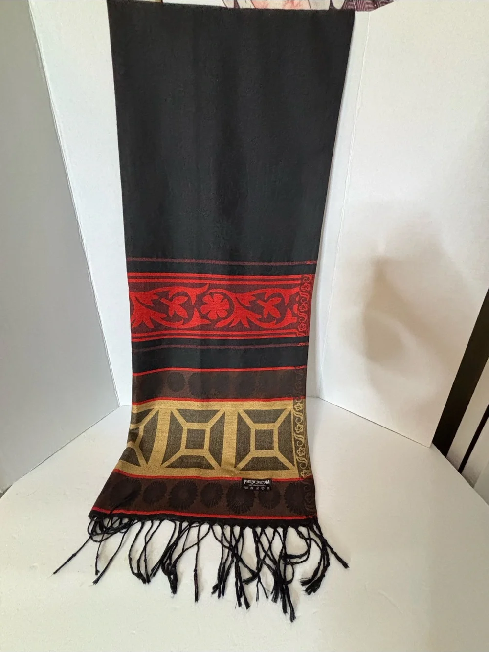 pashmina Black Red and Gold Jacquard Patterned Scarf